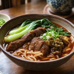 Taiwanese beef noodle soup with braised beef, wheat noodles, bok choy, scallions, and pickled mustard greens.