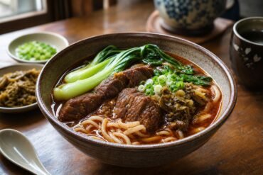 Taiwanese beef noodle soup with braised beef, wheat noodles, bok choy, scallions, and pickled mustard greens.