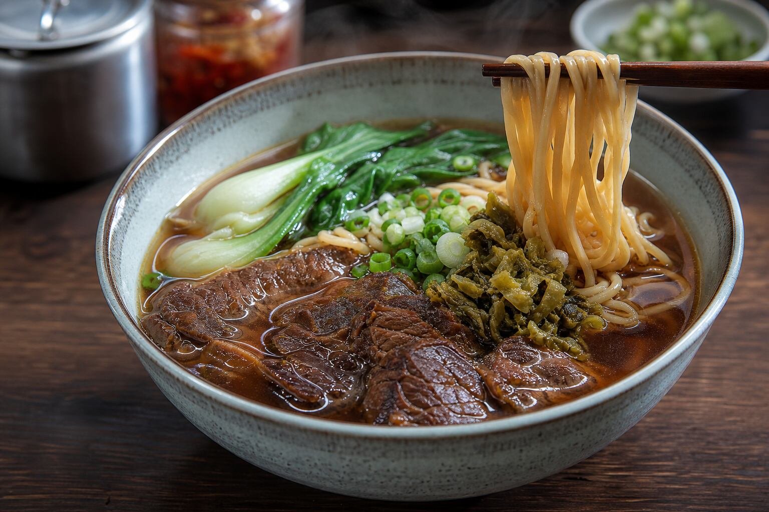 A close serving of Taiwanese beef noodle soup with tender beef, noodles, bok choy, and pickled mustard greens.