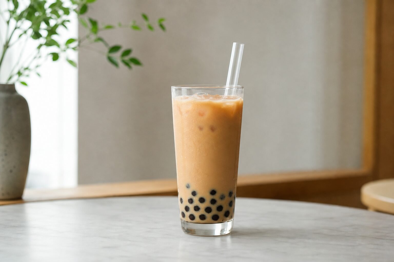 Taiwanese bubble milk tea with creamy black tea, ice, tapioca pearls, and a wide straw.