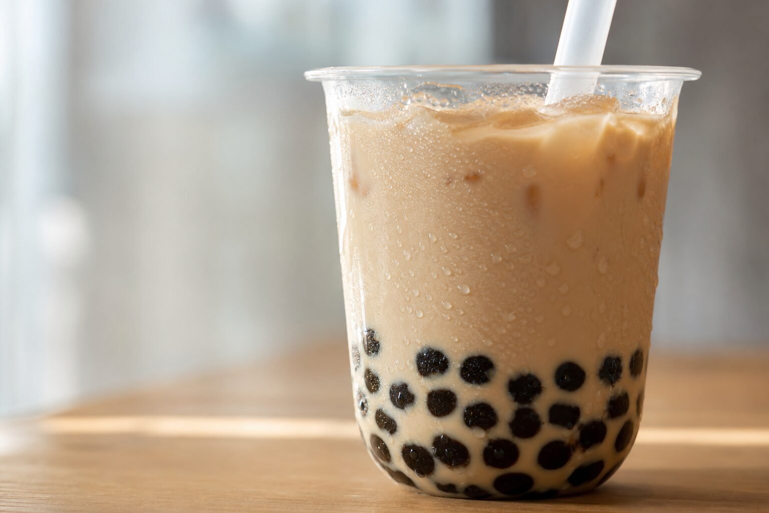 Close view of chilled bubble milk tea with condensation and glossy black tapioca pearls.