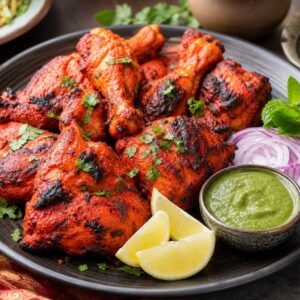 Charred red-orange Indian tandoori chicken with lemon, onion, cilantro, and mint chutney.