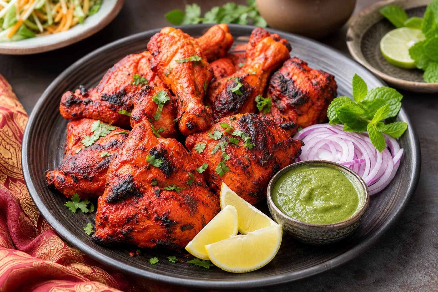 Charred red-orange Indian tandoori chicken with lemon, onion, cilantro, and mint chutney.