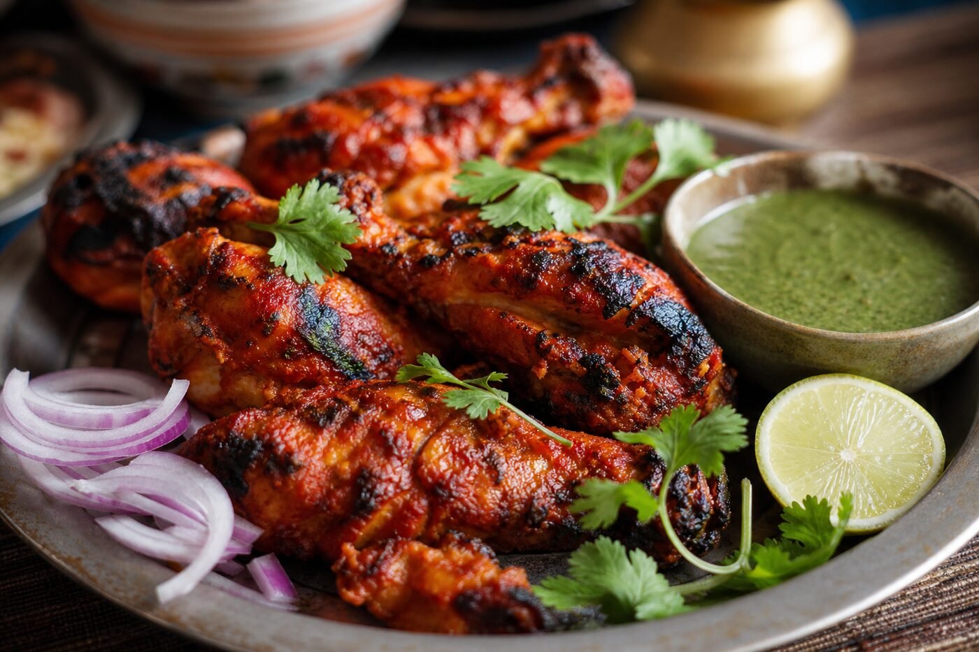 Close-up of juicy charred tandoori chicken with lemon, sliced onion, cilantro, and mint chutney.