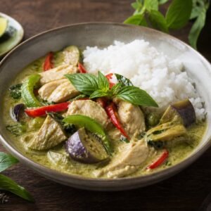 A bowl of Thai green curry with tender chicken, eggplant, red pepper, Thai basil, and jasmine rice.