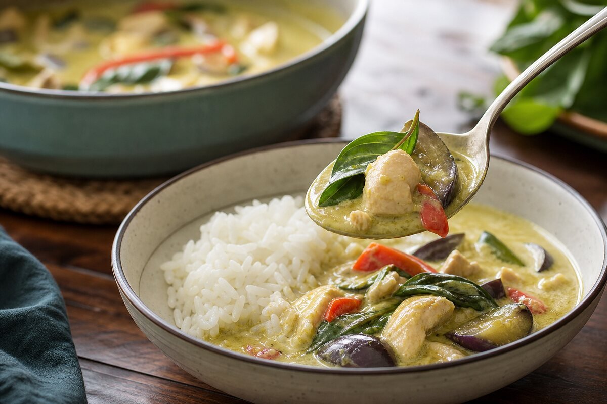 A spoon serves glossy Thai green curry with chicken, eggplant, red pepper, and basil beside jasmine rice.