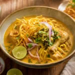 Thai khao soi with chicken, golden coconut curry broth, egg noodles, crispy noodles, pickled greens, red onion, and lime.
