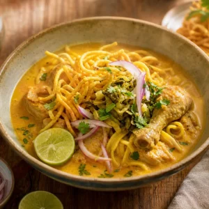 Thai khao soi with chicken, golden coconut curry broth, egg noodles, crispy noodles, pickled greens, red onion, and lime.
