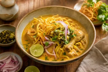 Thai khao soi with chicken, golden coconut curry broth, egg noodles, crispy noodles, pickled greens, red onion, and lime.