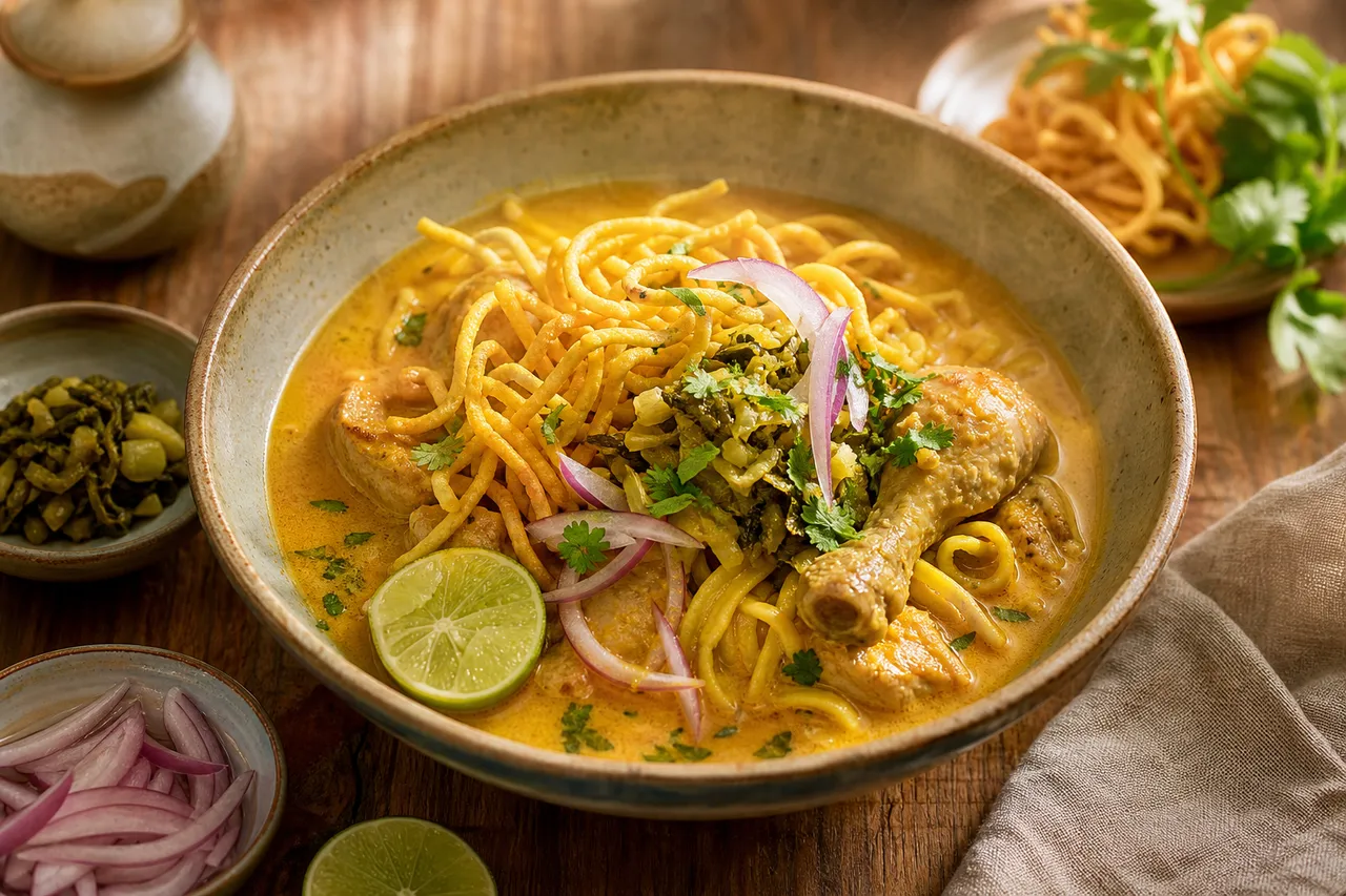 Thai khao soi with chicken, golden coconut curry broth, egg noodles, crispy noodles, pickled greens, red onion, and lime.