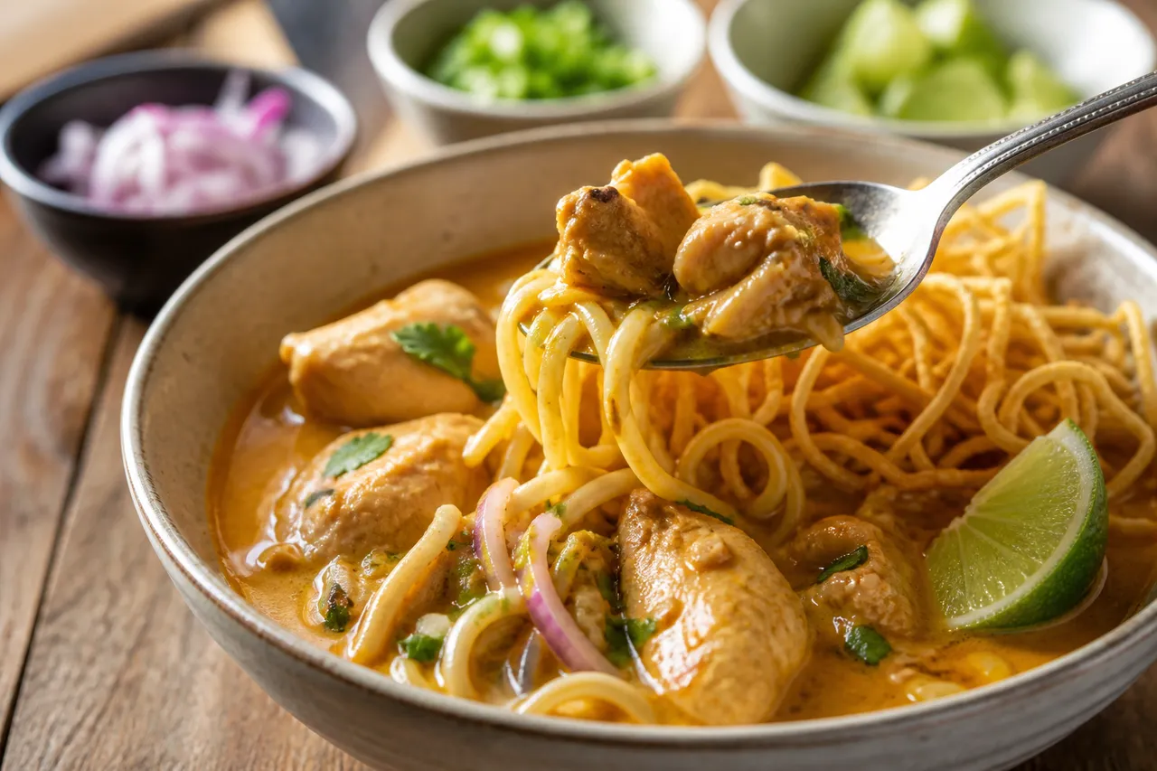 A close-up serving of Thai khao soi with tender chicken, egg noodles, golden curry broth, crispy noodles, and lime.