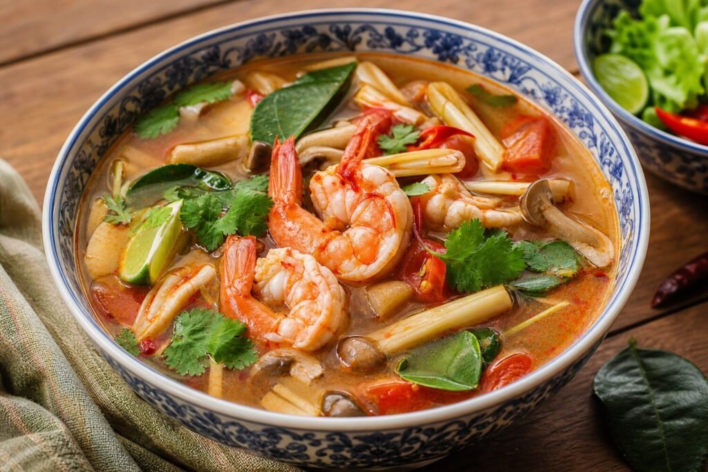 Thai tom yum goong with shrimp, mushrooms, lemongrass, lime leaves, tomatoes, and cilantro.