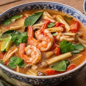 Thai tom yum goong with shrimp, mushrooms, lemongrass, lime leaves, tomatoes, and cilantro.