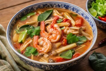 Thai tom yum goong with shrimp, mushrooms, lemongrass, lime leaves, tomatoes, and cilantro.