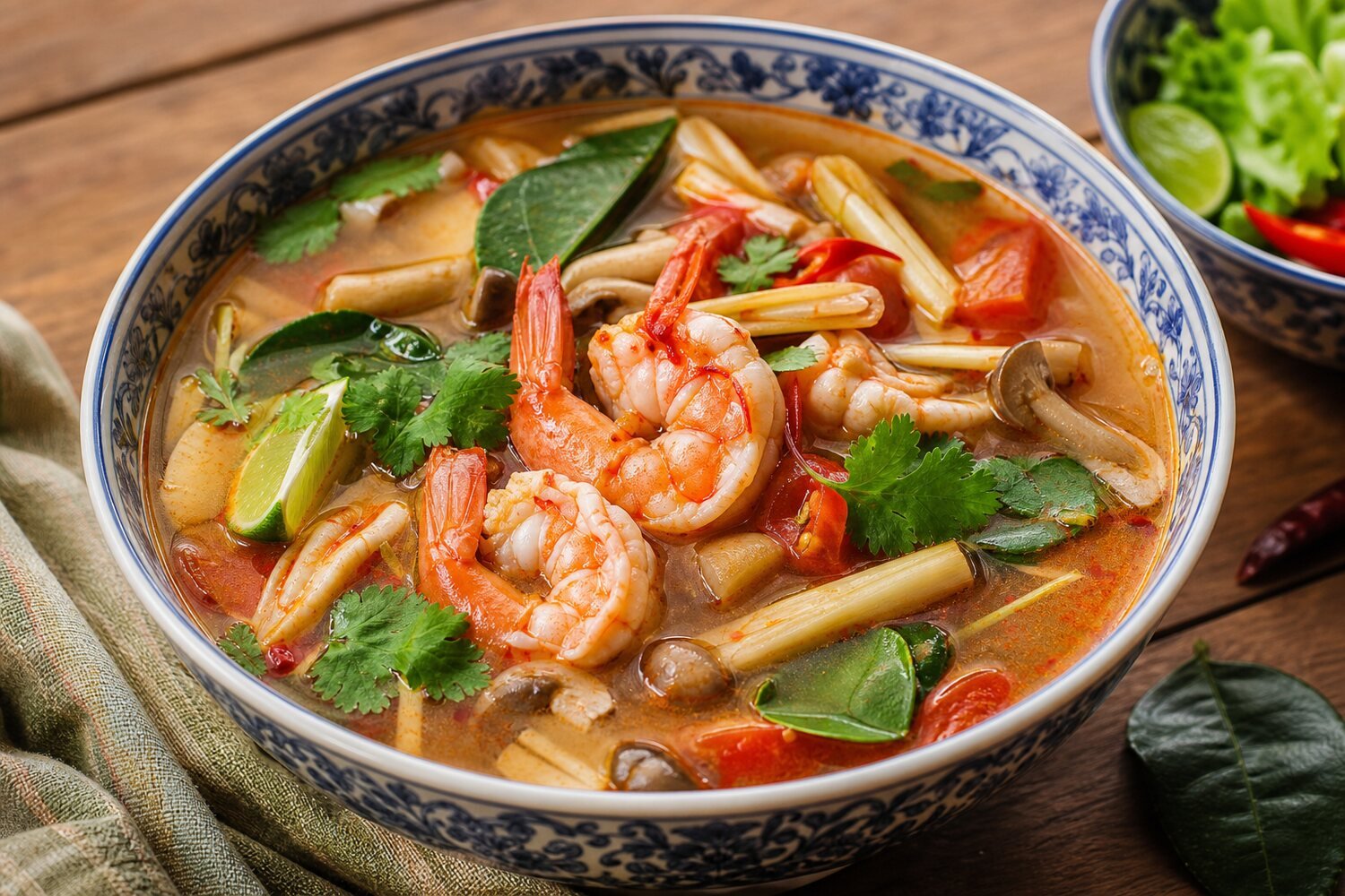 Thai tom yum goong with shrimp, mushrooms, lemongrass, lime leaves, tomatoes, and cilantro.