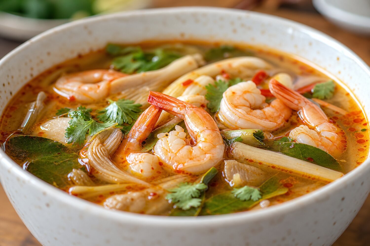 Close-up Thai tom yum goong with shrimp, mushrooms, lemongrass, lime leaves, and chili.