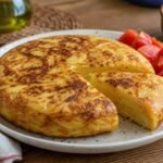 Spanish tortilla espanola with a golden potato and onion interior served in thick wedges with tomato salad.