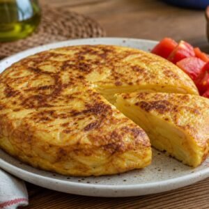 Spanish tortilla espanola with a golden potato and onion interior served in thick wedges with tomato salad.