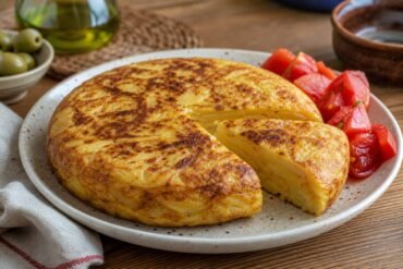 Spanish tortilla espanola with a golden potato and onion interior served in thick wedges with tomato salad.