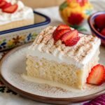 A moist slice of Mexican tres leches cake topped with whipped cream, cinnamon, and strawberries.