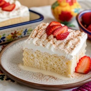 A moist slice of Mexican tres leches cake topped with whipped cream, cinnamon, and strawberries.