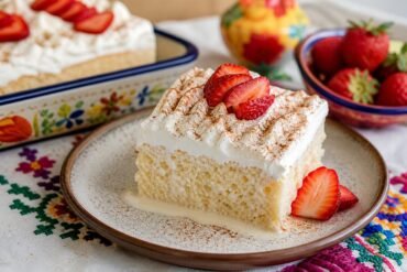 A moist slice of Mexican tres leches cake topped with whipped cream, cinnamon, and strawberries.