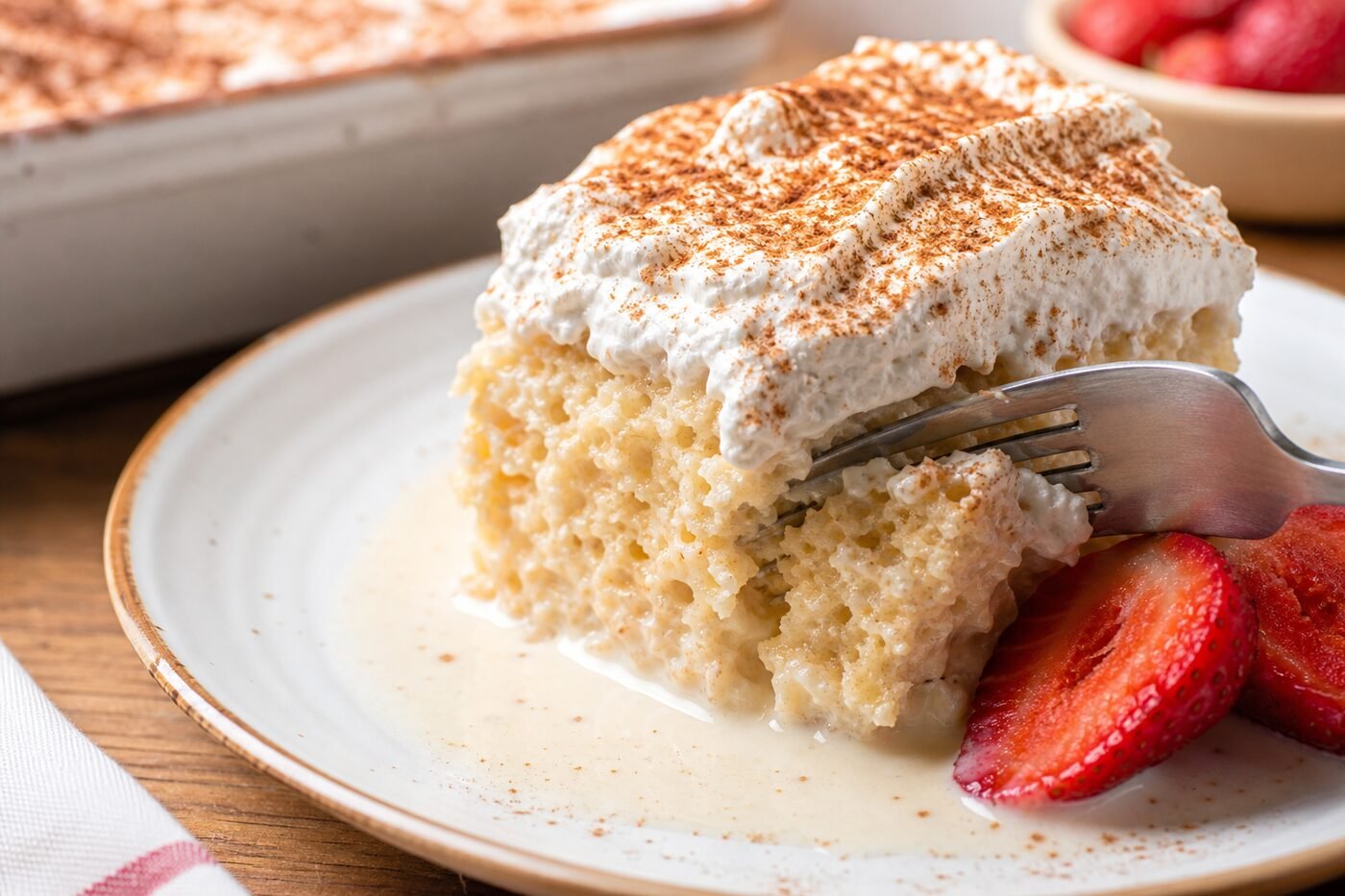 Close-up of moist tres leches cake with whipped cream, cinnamon, strawberries, and milk soak.