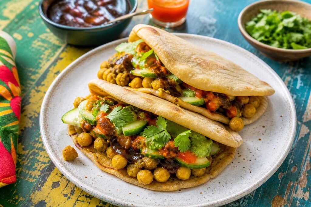 Trinidadian doubles made with bara, curried chickpeas, cucumber, chutney, and cilantro.