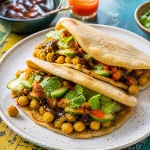 Trinidadian doubles made with bara, curried chickpeas, cucumber, chutney, and cilantro.