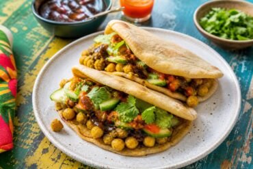 Trinidadian doubles made with bara, curried chickpeas, cucumber, chutney, and cilantro.
