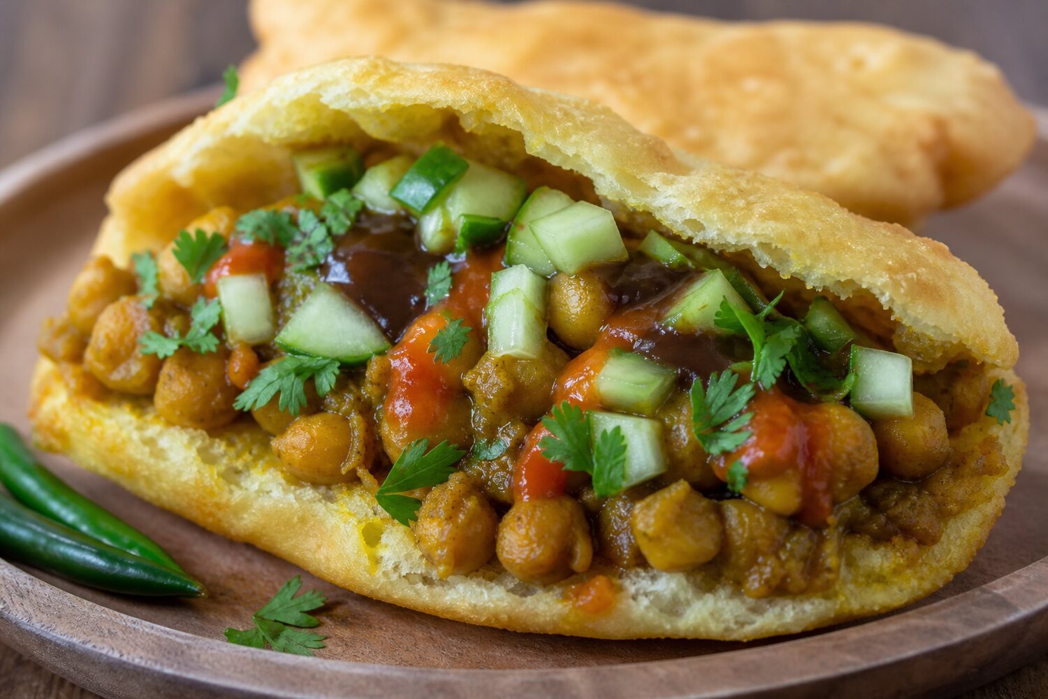 Close-up Trinidadian doubles showing soft bara, curried chickpeas, chutney, cucumber, and pepper sauce.