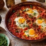 Eggs nestled in a rich tomato and pepper sauce with herbs and crusty bread.