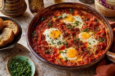 Eggs nestled in a rich tomato and pepper sauce with herbs and crusty bread.