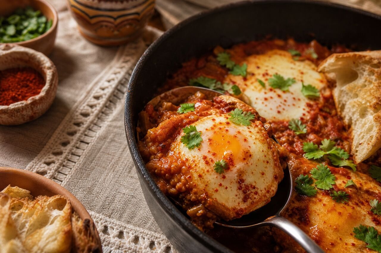 A close serving of Tunisian shakshuka with egg, tomato sauce, herbs, and bread.