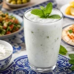 A frothy glass of Turkish ayran with condensation, mint, and yogurt on a bright table.