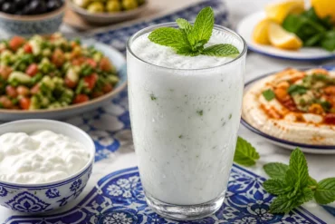 A frothy glass of Turkish ayran with condensation, mint, and yogurt on a bright table.