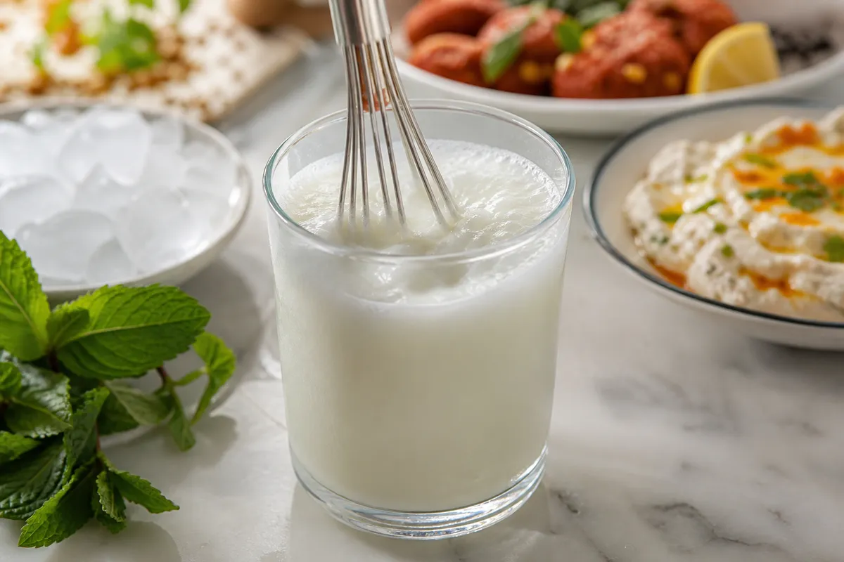 A close-up of frothy Turkish ayran with yogurt, cold water, mint, and a whisk nearby.