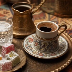 Turkish coffee in a traditional cup with foam, Turkish delight, a brass coffee pot, and water.