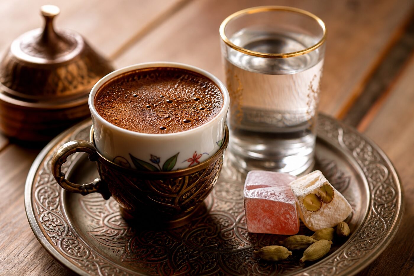 Close-up of foamy Turkish coffee with cardamom, Turkish delight, and a glass of water.