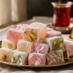 Rose, citrus, and pistachio Turkish delight cubes dusted with powdered sugar on a brass serving tray.