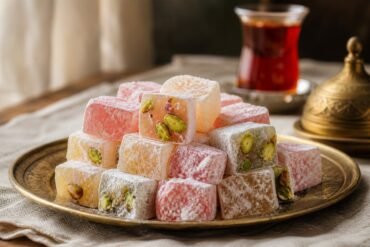 Rose, citrus, and pistachio Turkish delight cubes dusted with powdered sugar on a brass serving tray.