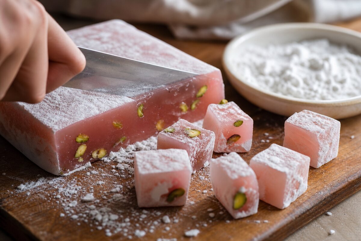 A slab of rose and pistachio Turkish delight is cut into cubes before being rolled in powdered sugar and cornstarch.
