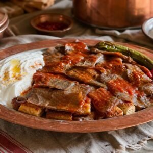 Turkish Iskender kebab with sliced lamb, toasted pide, tomato sauce, browned butter, and yogurt.