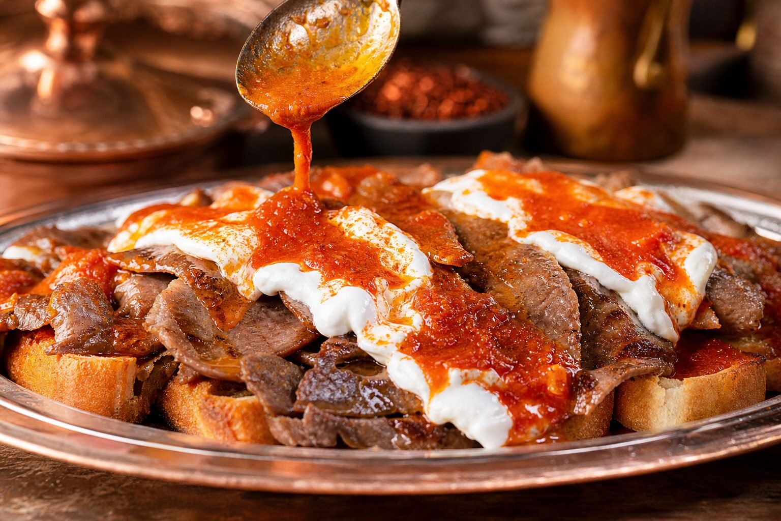 A close-up serving of Turkish Iskender kebab with tomato sauce and browned butter over lamb, bread, and yogurt.