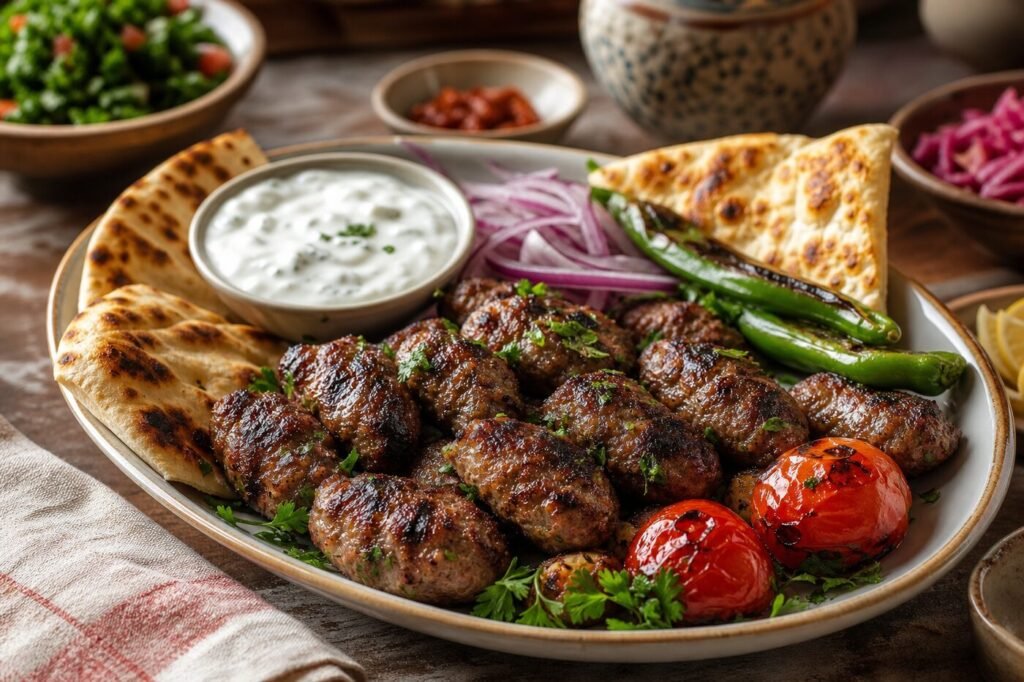 Grilled Turkish kofte with flatbread, tomatoes, peppers, parsley, red onion, and yogurt sauce.