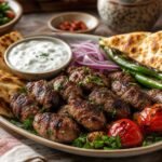 Grilled Turkish kofte with flatbread, tomatoes, peppers, parsley, red onion, and yogurt sauce.