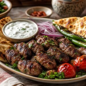 Grilled Turkish kofte with flatbread, tomatoes, peppers, parsley, red onion, and yogurt sauce.