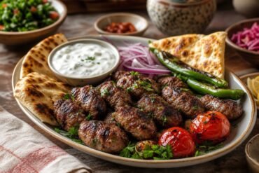 Grilled Turkish kofte with flatbread, tomatoes, peppers, parsley, red onion, and yogurt sauce.