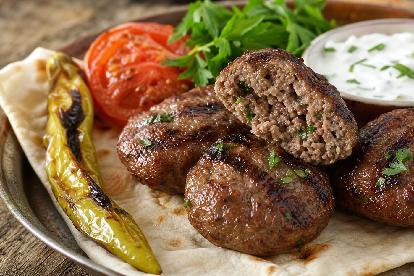 Close-up of a juicy grilled Turkish kofte with flatbread, peppers, tomato, parsley, and cacik.