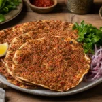Thin Turkish lahmacun flatbreads topped with spiced minced beef, tomato, herbs, lemon wedges, parsley, and sliced onion.